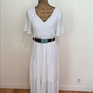 Luxology White V-Neck Tiered Maxi Dress with Flutter Sleeves